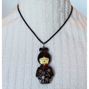 Alexa's Angel's Signed Large Enamel Kokeshi Geisha Pendant Necklace 16-18 in